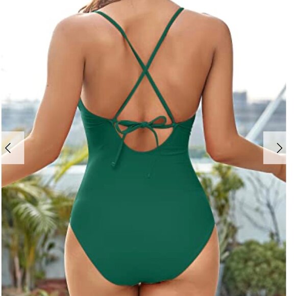 Tempt Me 1 Piece Swimsuit V Neck Cross-Back Straps Tummy Control  Womens XL Gree - Picture 3 of 7